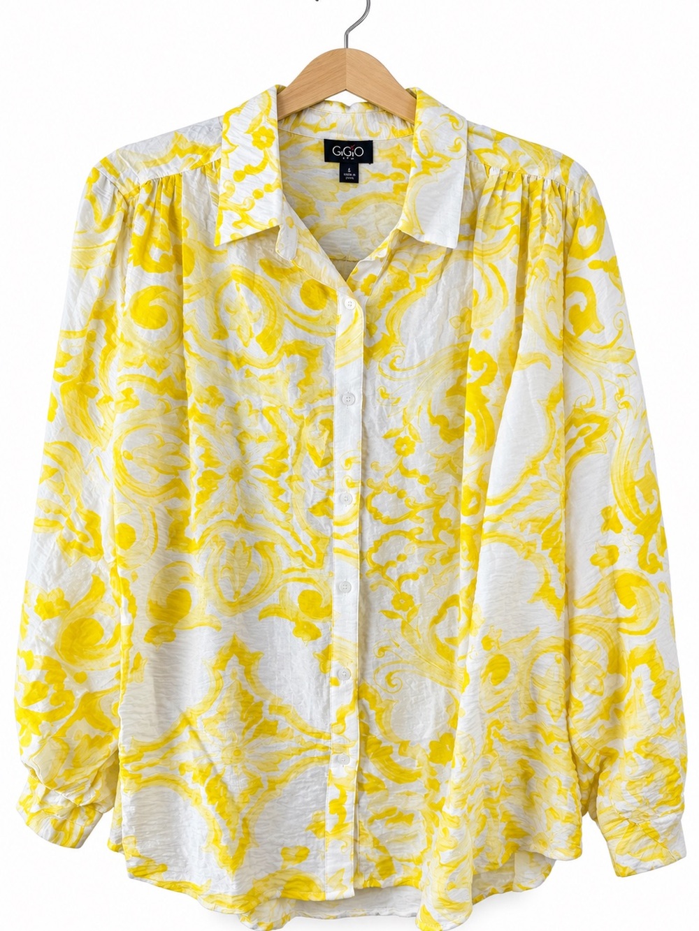 GigiO NWT Yellow Floral Button Down Shirt S Relaxed Oversized Resort Coastal